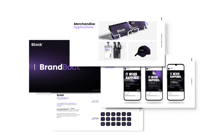 Bliink brand identity system, brand book and merchandise